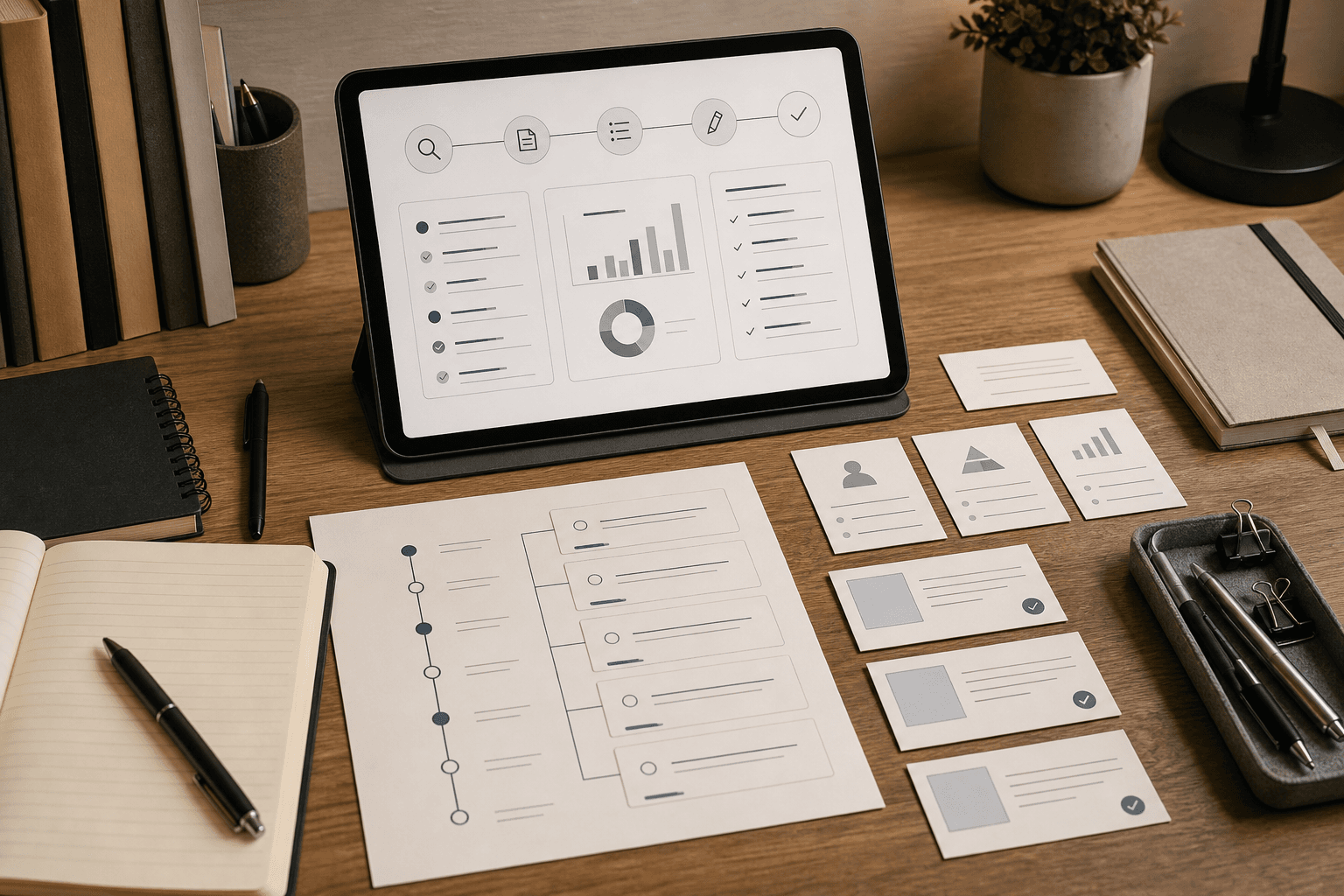 Workspace de tesis con fuentes, esquema de capítulos, notas de metodología y revisión final